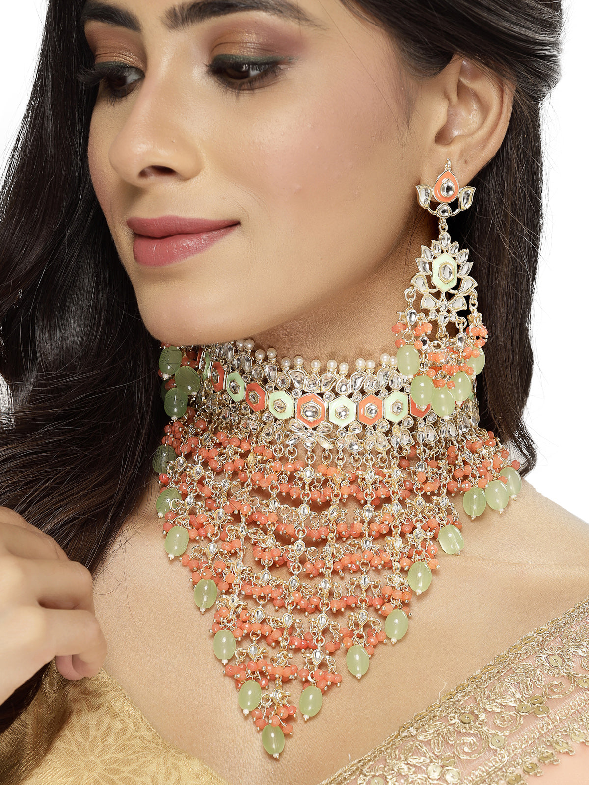 Studio Sukkhi Brilliant Gold Plated Red & Mint Green Kundan & Beads Choker Necklace Set For Women NS105841