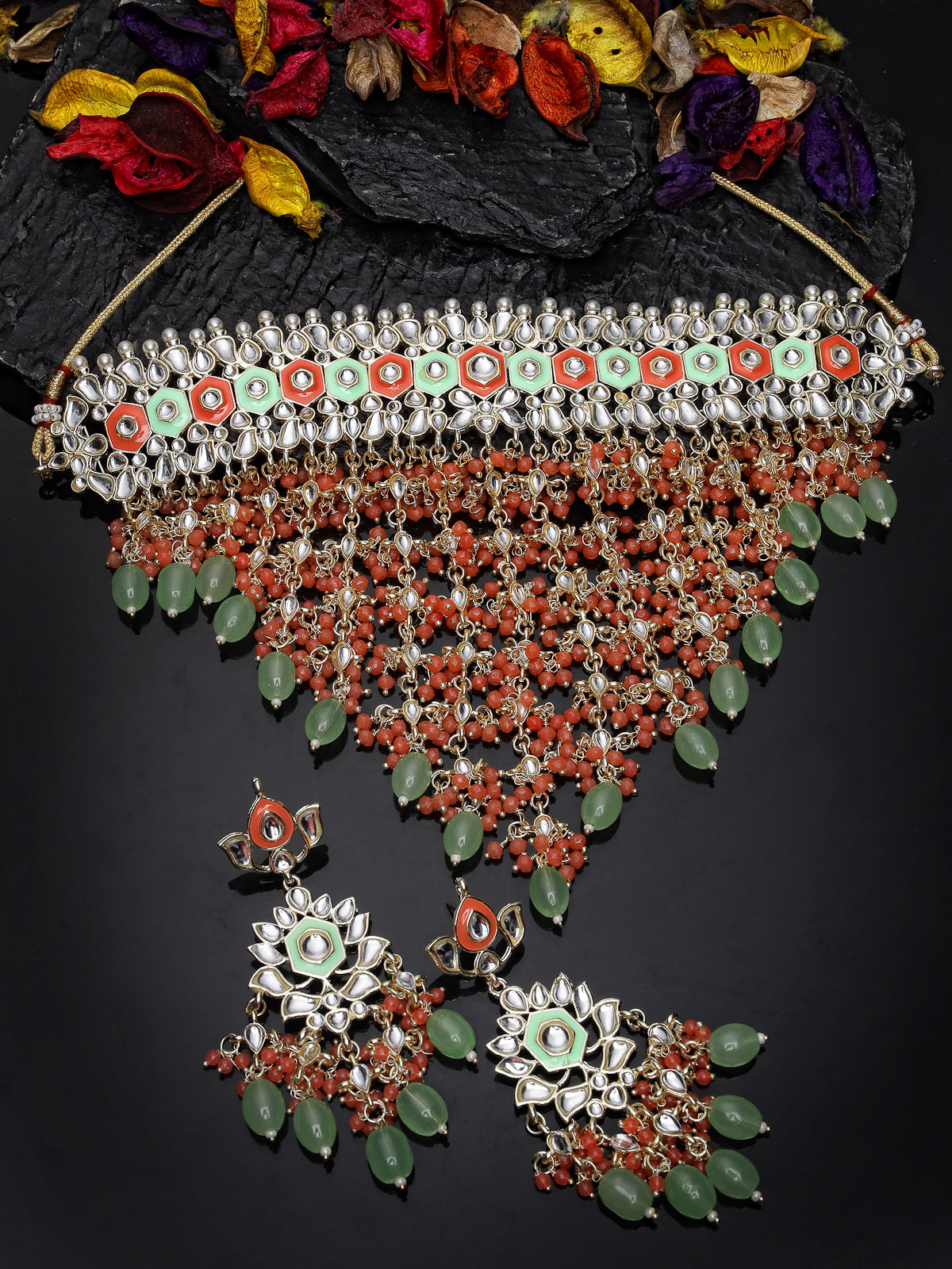 Studio Sukkhi Brilliant Gold Plated Red & Mint Green Kundan & Beads Choker Necklace Set For Women NS105841