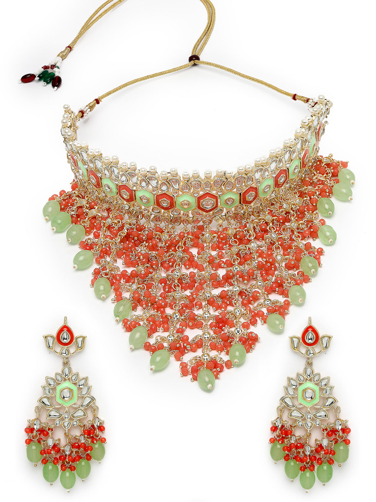 Studio Sukkhi Brilliant Gold Plated Red & Mint Green Kundan & Beads Choker Necklace Set For Women NS105841