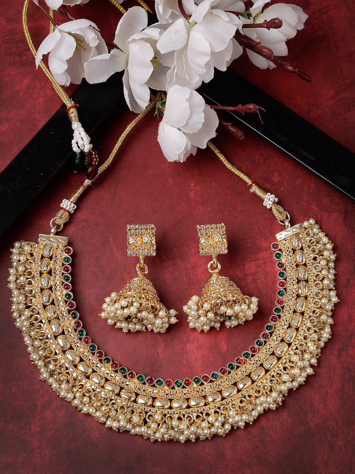 Sukkhi Indian Bridal Gold Plated White Beadded Red Green Colour Choker Necklace Set with Jhumki/Jhumka Earrings Jewellery Set for Women & Girls|Set of 1|NS105847