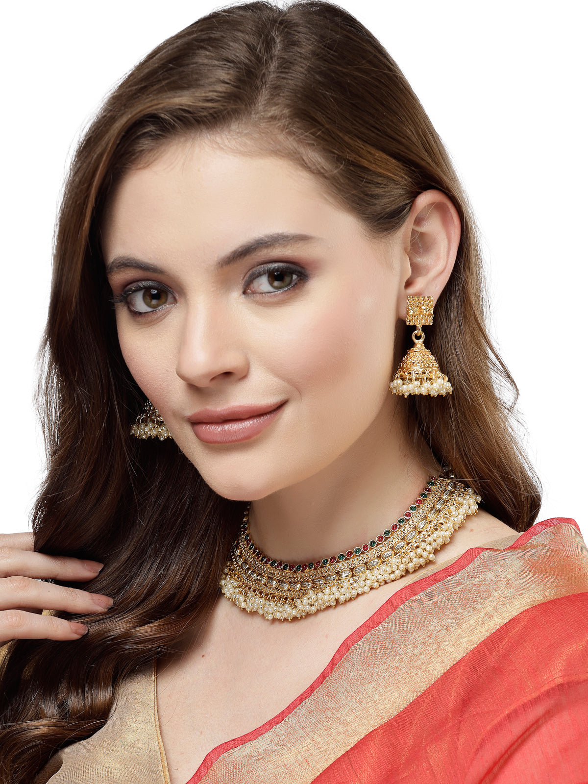 Sukkhi Indian Bridal Gold Plated White Beadded Red Green Colour Choker Necklace Set with Jhumki/Jhumka Earrings Jewellery Set for Women & Girls|Set of 1|NS105847