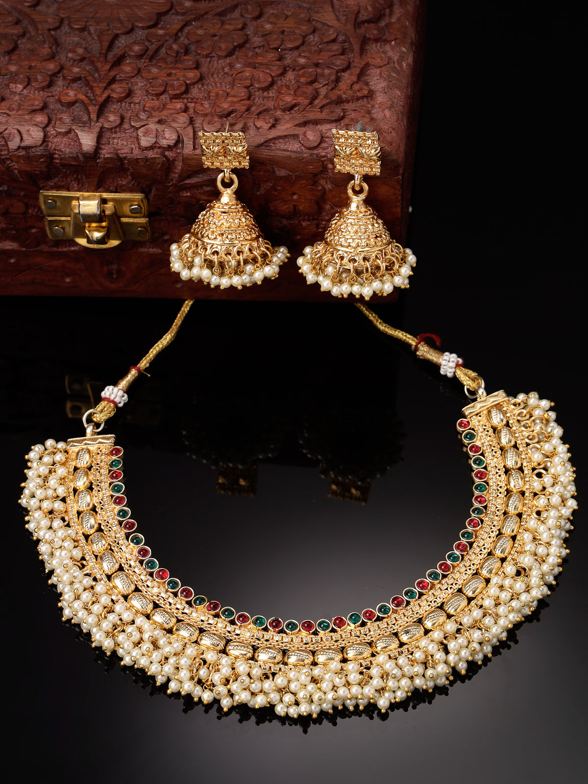 Sukkhi Indian Bridal Gold Plated White Beadded Red Green Colour Choker Necklace Set with Jhumki/Jhumka Earrings Jewellery Set for Women & Girls|Set of 1|NS105847