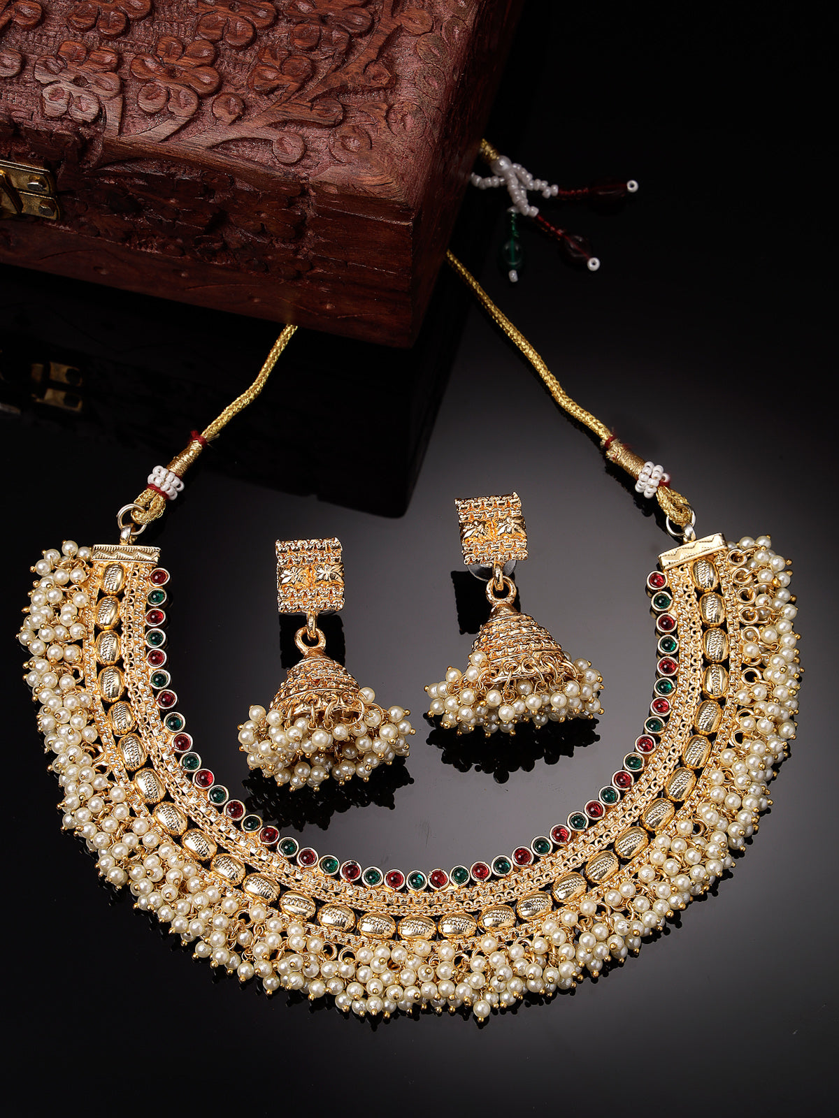 Sukkhi Indian Bridal Gold Plated White Beadded Red Green Colour Choker Necklace Set with Jhumki/Jhumka Earrings Jewellery Set for Women & Girls|Set of 1|NS105847