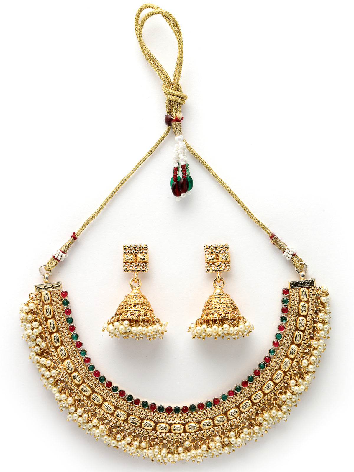 Sukkhi Indian Bridal Gold Plated White Beadded Red Green Colour Choker Necklace Set with Jhumki/Jhumka Earrings Jewellery Set for Women & Girls|Set of 1|NS105847
