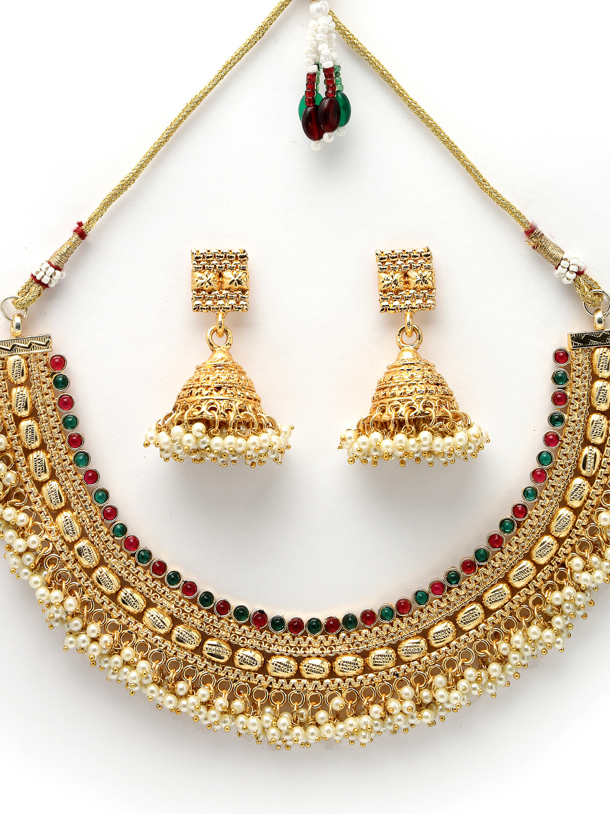 Sukkhi Indian Bridal Gold Plated White Beadded Red Green Colour Choker Necklace Set with Jhumki/Jhumka Earrings Jewellery Set for Women & Girls|Set of 1|NS105847