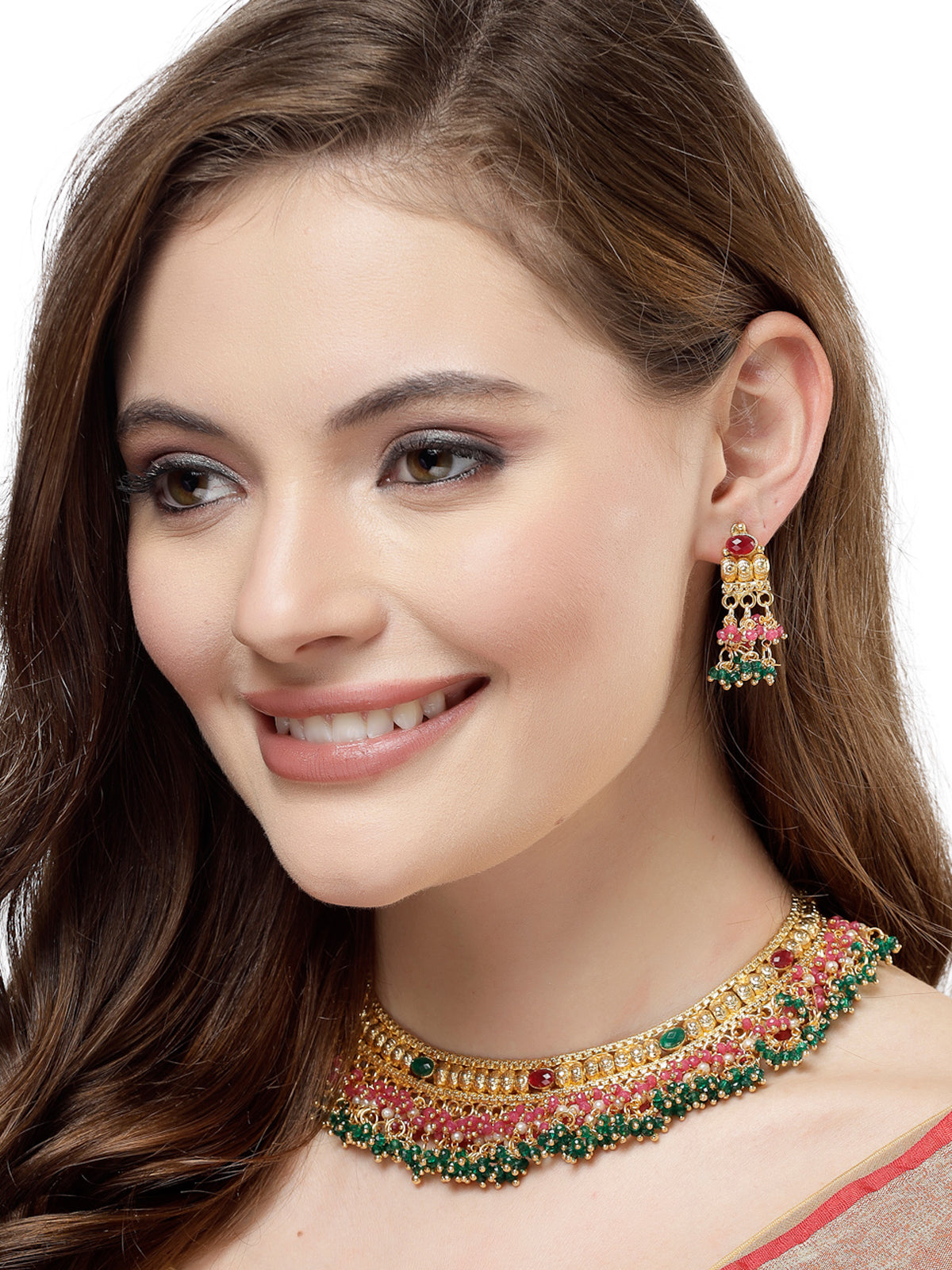 Sukkhi Traditional Classic Gold Plated Red Green Beadded Gold Choker Necklace Set with Dangler Earrings Jewellery Set for Women & Girls|Set of 1|NS105848