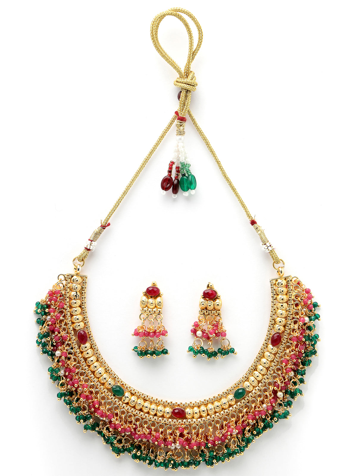Sukkhi Traditional Classic Gold Plated Red Green Beadded Gold Choker Necklace Set with Dangler Earrings Jewellery Set for Women & Girls|Set of 1|NS105848