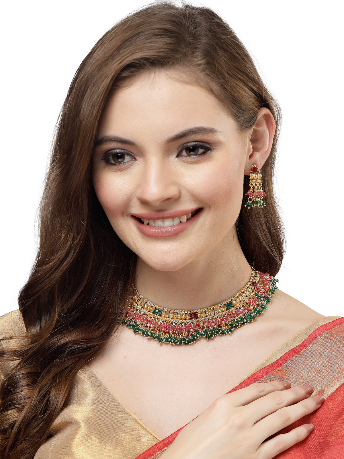 Sukkhi Traditional Classic Gold Plated Red Green Beadded Gold Choker Necklace Set with Dangler Earrings Jewellery Set for Women & Girls|Set of 1|NS105848