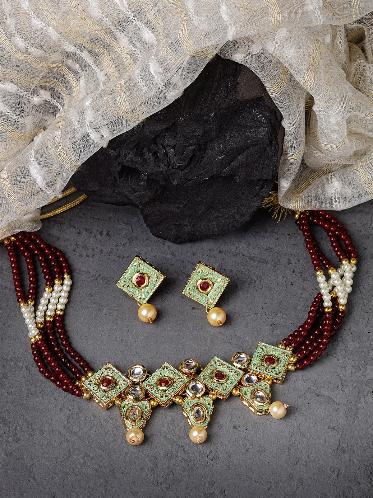 Sukkhi Eye-Catchy Multistrand Gold Plated Polki Kundan & Faux Beads Meenakari Worked Maroon Choker Necklace Set With Studs Earrings | Jewellery Set For Women And Girls | Latest Design|NS105971