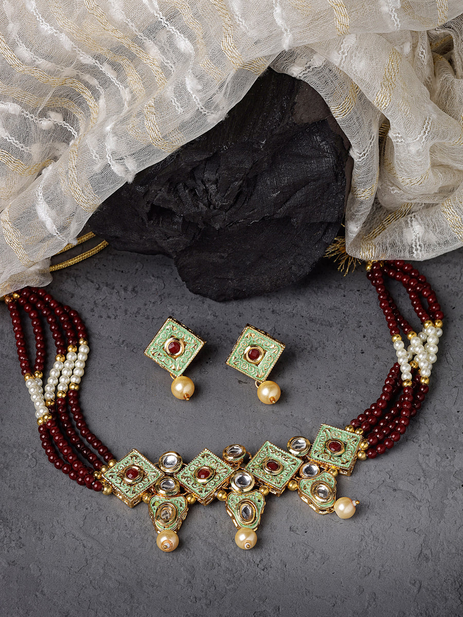 Sukkhi Eye-Catchy Multistrand Gold Plated Polki Kundan & Faux Beads Meenakari Worked Maroon Choker Necklace Set With Studs Earrings | Jewellery Set For Women And Girls | Latest Design|NS105971