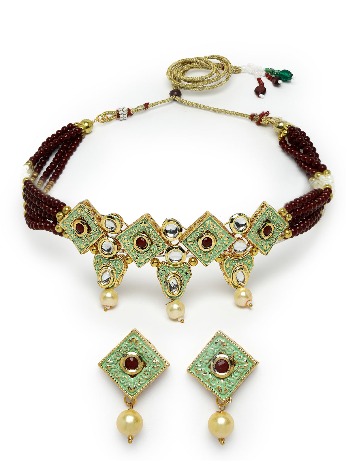Sukkhi Eye-Catchy Multistrand Gold Plated Polki Kundan & Faux Beads Meenakari Worked Maroon Choker Necklace Set With Studs Earrings | Jewellery Set For Women And Girls | Latest Design|NS105971