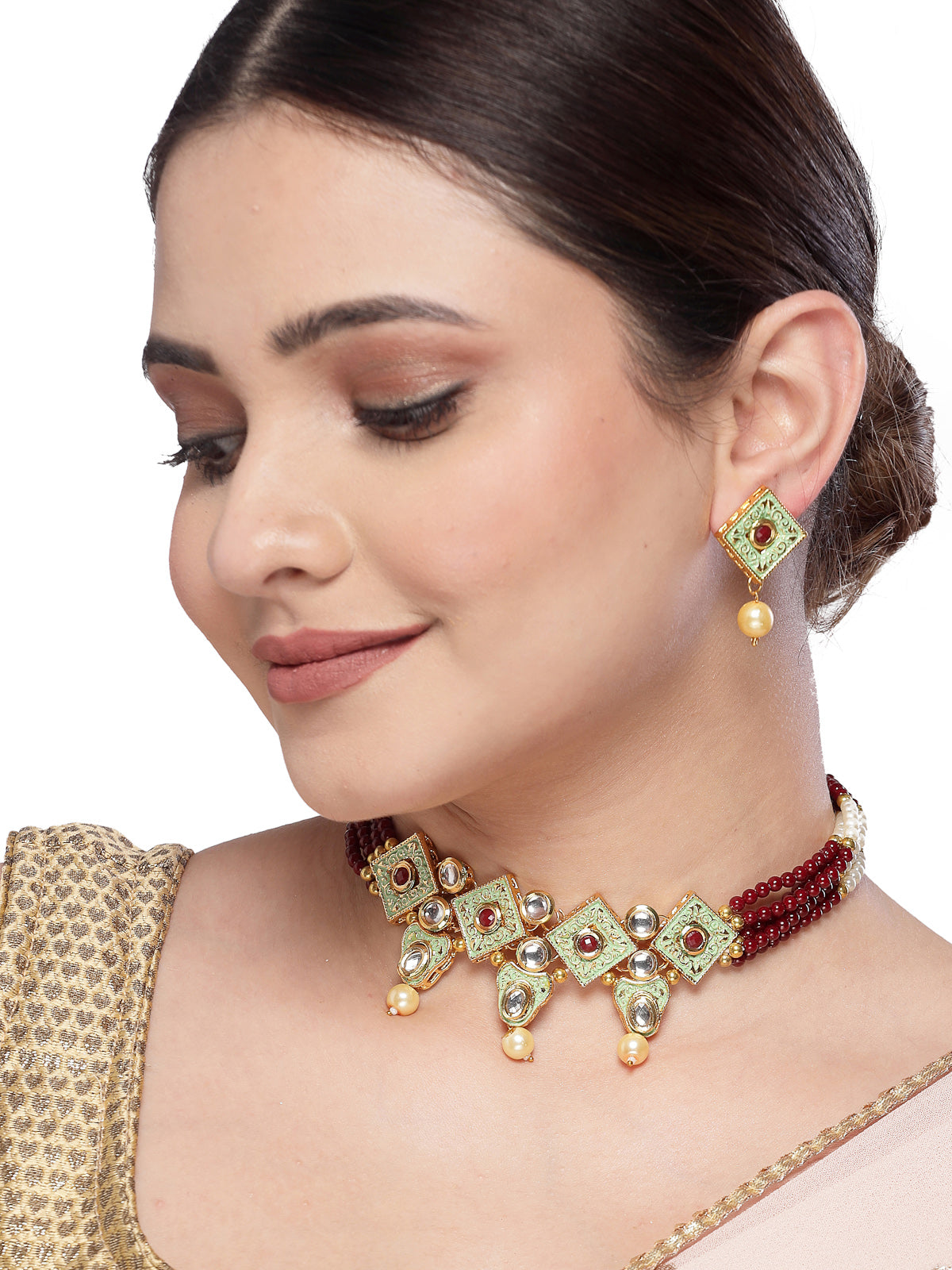 Sukkhi Eye-Catchy Multistrand Gold Plated Polki Kundan & Faux Beads Meenakari Worked Maroon Choker Necklace Set With Studs Earrings | Jewellery Set For Women And Girls | Latest Design|NS105971