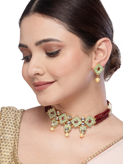 Sukkhi Eye-Catchy Multistrand Gold Plated Polki Kundan & Faux Beads Meenakari Worked Maroon Choker Necklace Set With Studs Earrings | Jewellery Set For Women And Girls | Latest Design|NS105971