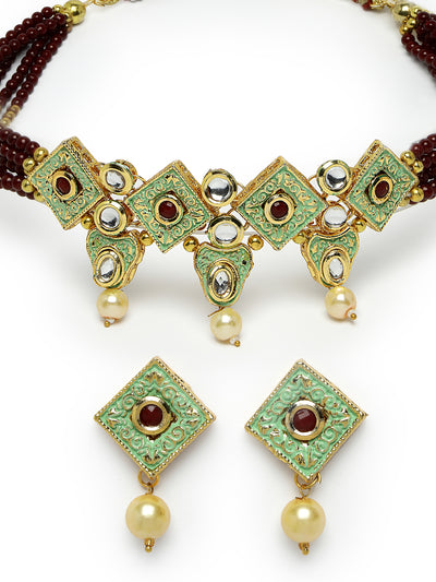 Sukkhi Eye-Catchy Multistrand Gold Plated Polki Kundan & Faux Beads Meenakari Worked Maroon Choker Necklace Set With Studs Earrings | Jewellery Set For Women And Girls | Latest Design|NS105971