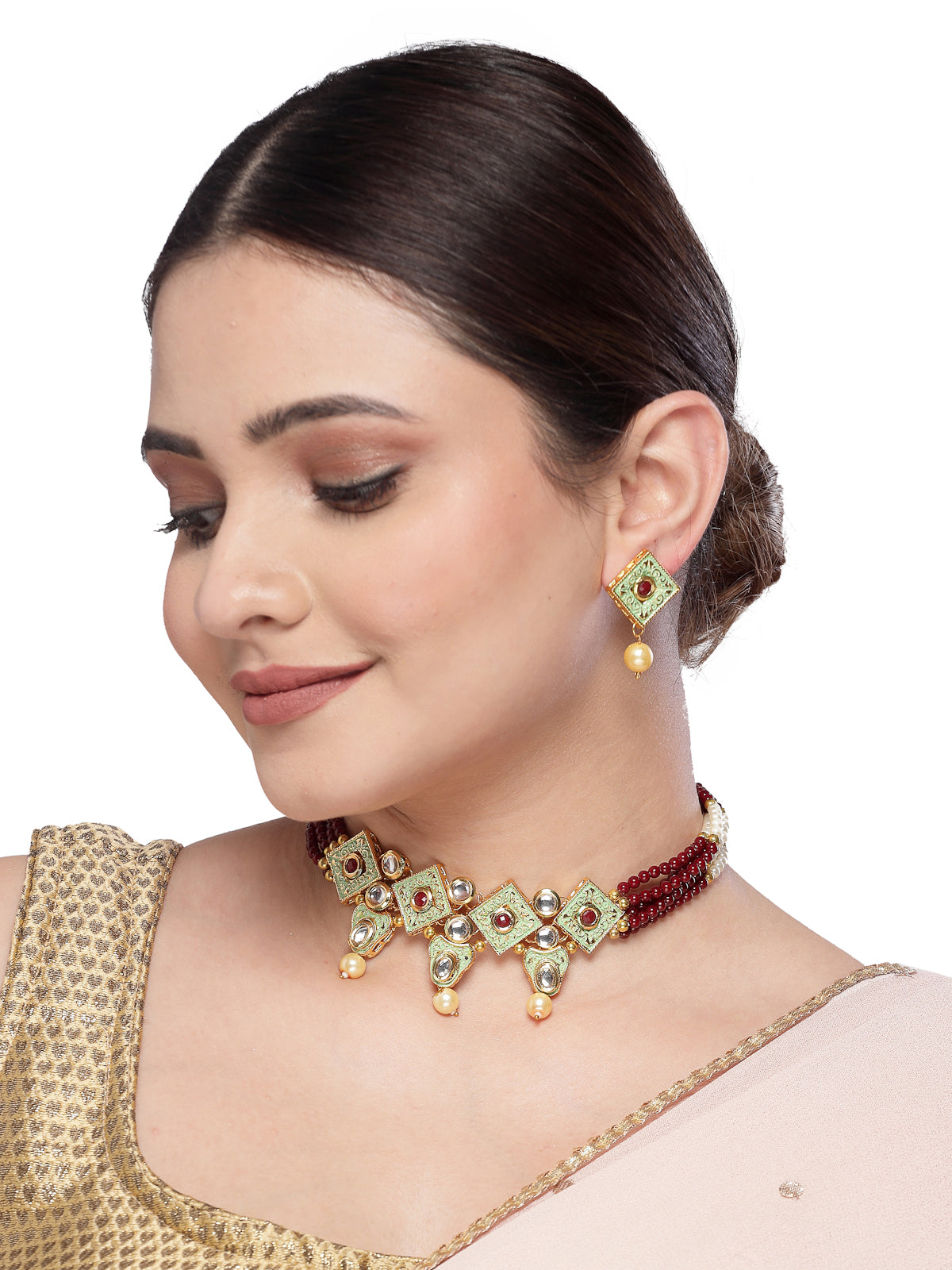 Sukkhi Eye-Catchy Multistrand Gold Plated Polki Kundan & Faux Beads Meenakari Worked Maroon Choker Necklace Set With Studs Earrings | Jewellery Set For Women And Girls | Latest Design|NS105971