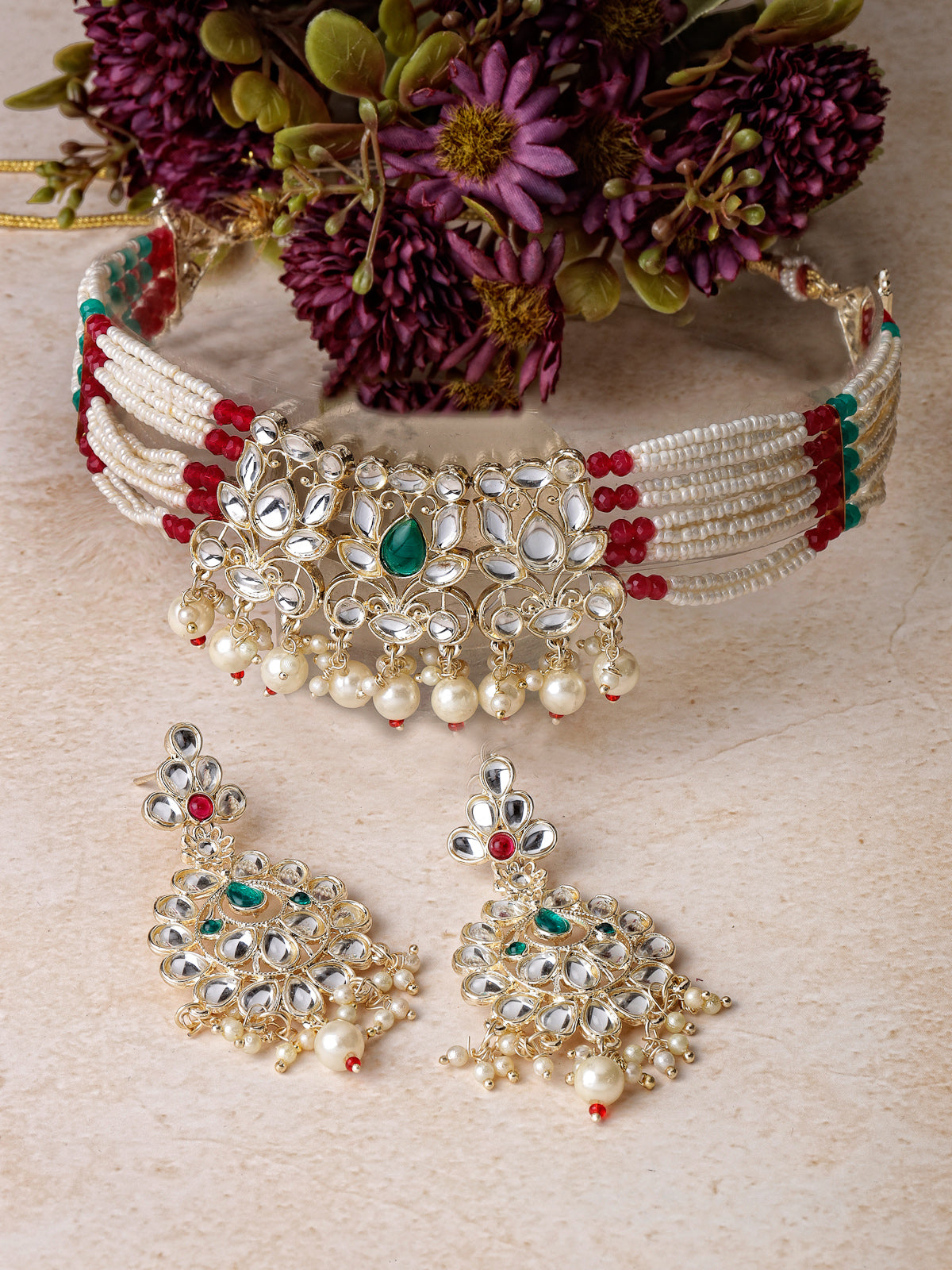 Sukkhi Trendy Traditioanal Multistrand Gold Plated AD Stones With Faux Beads Studded Multiclor Choker Necklace Set With Dangler Earrings | Jewellery Set For Women And Girls | Latest Design|NS105975