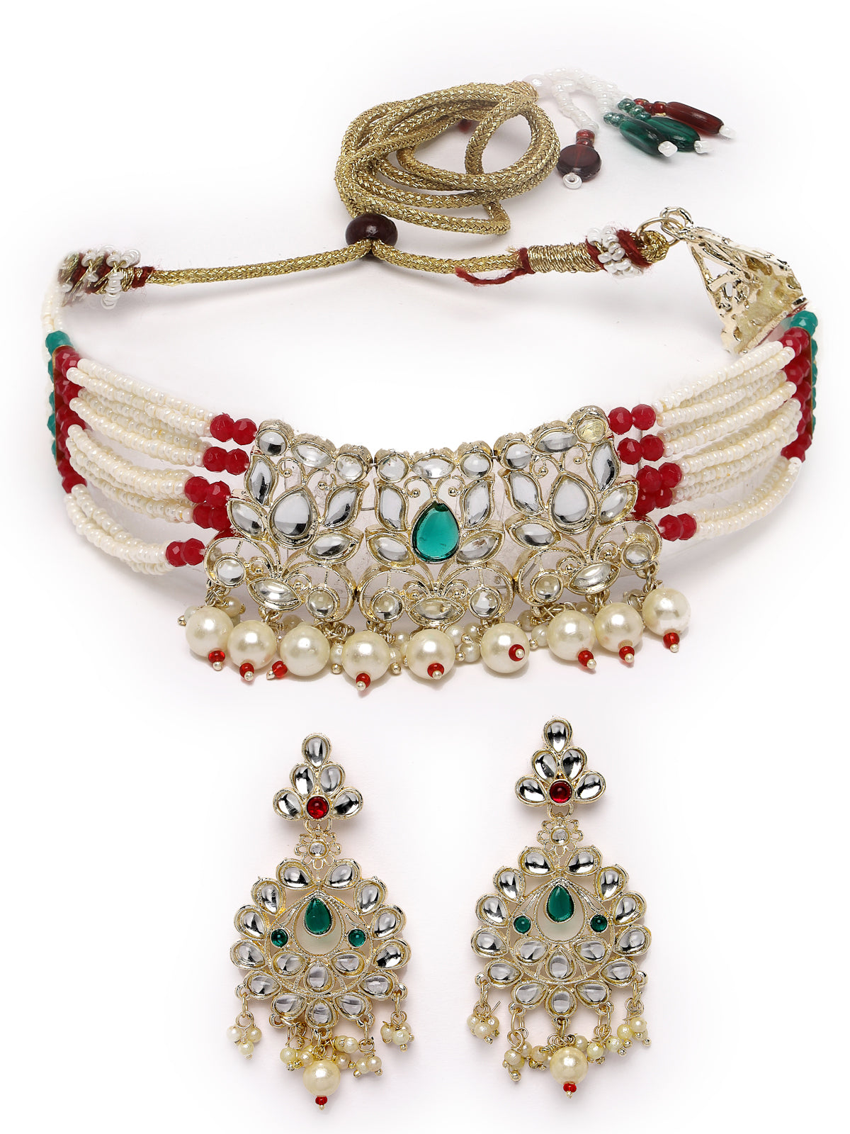 Sukkhi Trendy Traditioanal Multistrand Gold Plated AD Stones With Faux Beads Studded Multiclor Choker Necklace Set With Dangler Earrings | Jewellery Set For Women And Girls | Latest Design|NS105975