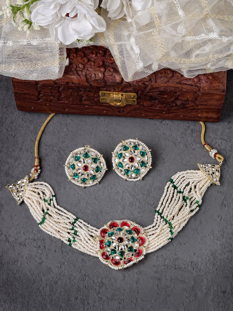 Sukkhi Classical Floral Multistrand Gold Plated Faux Beads with Meenakari Worked Multicolor Choker Necklace Set With Studs Earrings | Jewellery Set For Women And Girls | Latest Design|NS105977