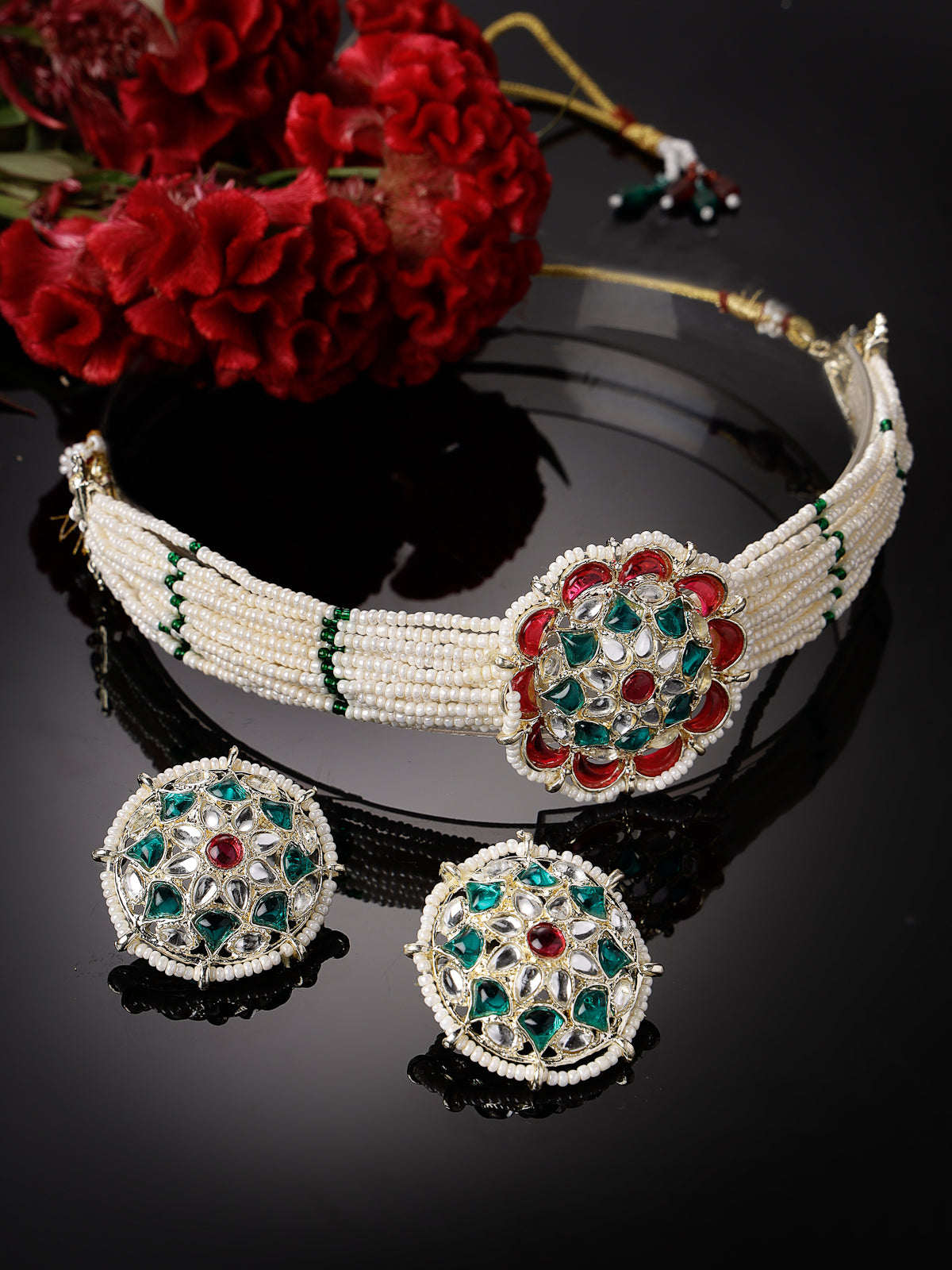 Sukkhi Classical Floral Multistrand Gold Plated Faux Beads with Meenakari Worked Multicolor Choker Necklace Set With Studs Earrings | Jewellery Set For Women And Girls | Latest Design|NS105977