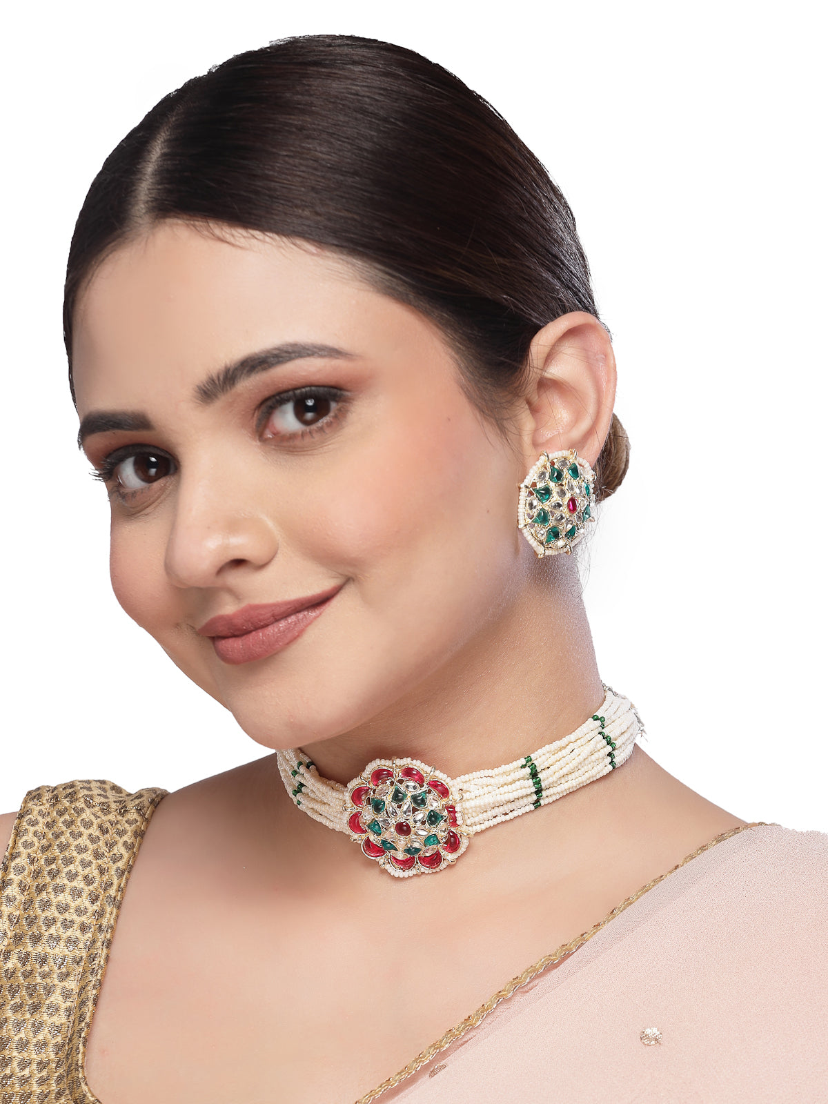 Sukkhi Classical Floral Multistrand Gold Plated Faux Beads with Meenakari Worked Multicolor Choker Necklace Set With Studs Earrings | Jewellery Set For Women And Girls | Latest Design|NS105977