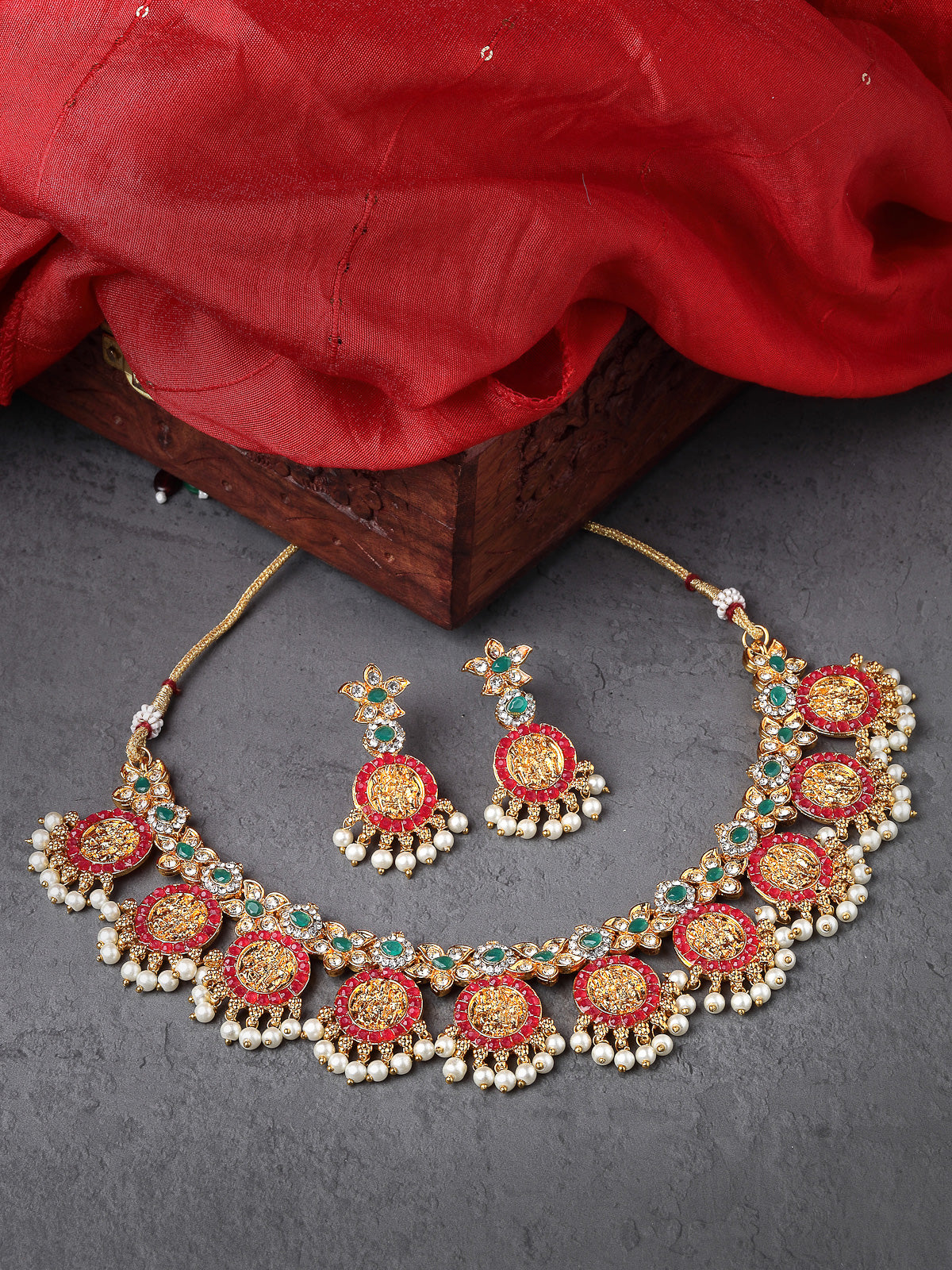 Sukkhi Traditional Temple Gold Plated AD Stones Studded With Pearls Red & Green Collarbone Necklace Set With Dangler Earrings | Jewellery Set For Women And Girls | Latest Design|NS105989