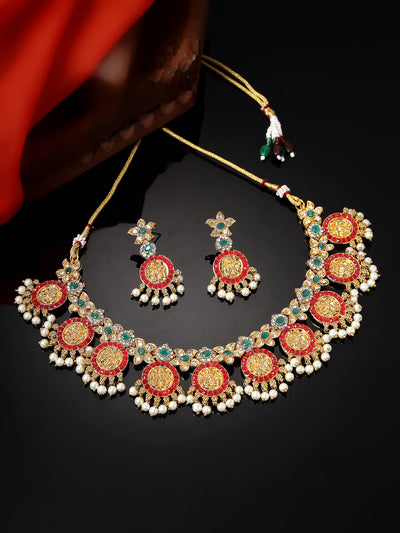 Sukkhi Traditional Temple Gold Plated AD Stones Studded With Pearls Red & Green Collarbone Necklace Set With Dangler Earrings | Jewellery Set For Women And Girls | Latest Design|NS105989