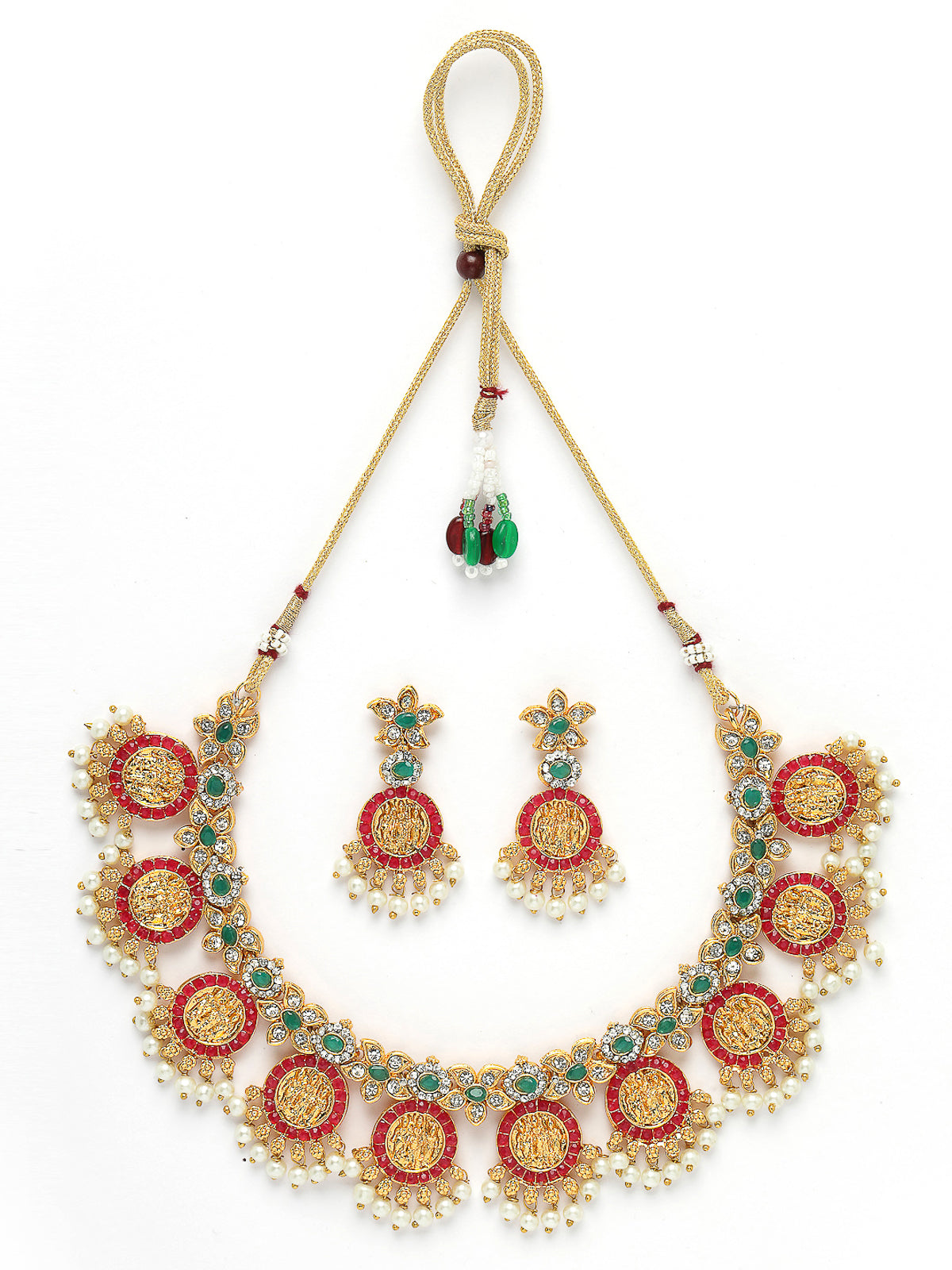 Sukkhi Traditional Temple Gold Plated AD Stones Studded With Pearls Red & Green Collarbone Necklace Set With Dangler Earrings | Jewellery Set For Women And Girls | Latest Design|NS105989