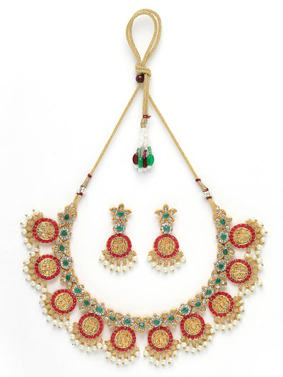 Sukkhi Traditional Temple Gold Plated AD Stones Studded With Pearls Red & Green Collarbone Necklace Set With Dangler Earrings | Jewellery Set For Women And Girls | Latest Design|NS105989