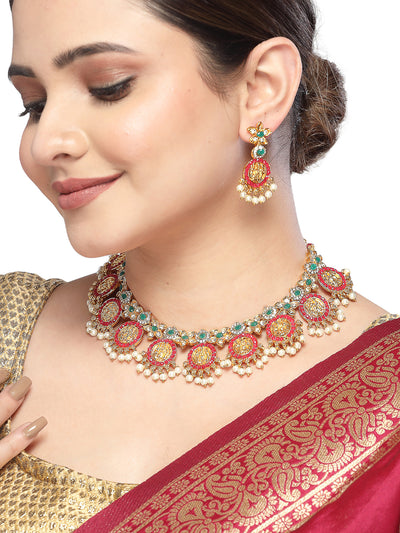 Sukkhi Traditional Temple Gold Plated AD Stones Studded With Pearls Red & Green Collarbone Necklace Set With Dangler Earrings | Jewellery Set For Women And Girls | Latest Design|NS105989