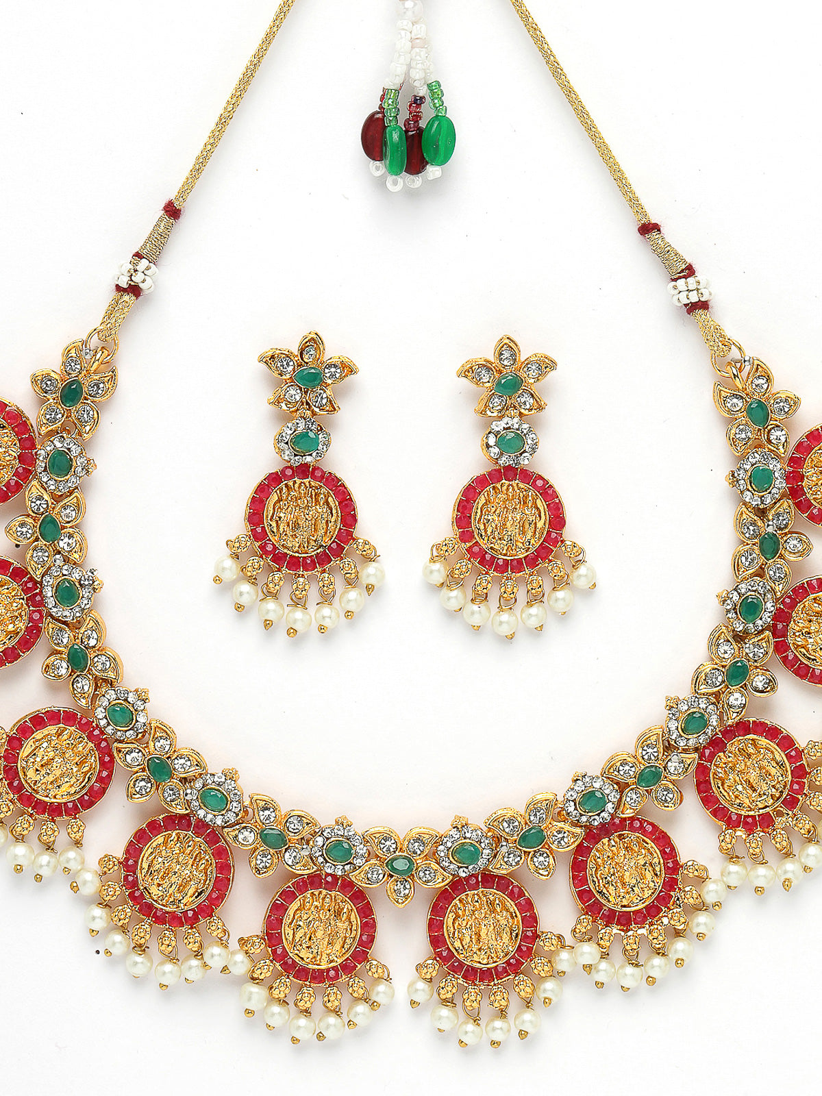 Sukkhi Traditional Temple Gold Plated AD Stones Studded With Pearls Red & Green Collarbone Necklace Set With Dangler Earrings | Jewellery Set For Women And Girls | Latest Design|NS105989