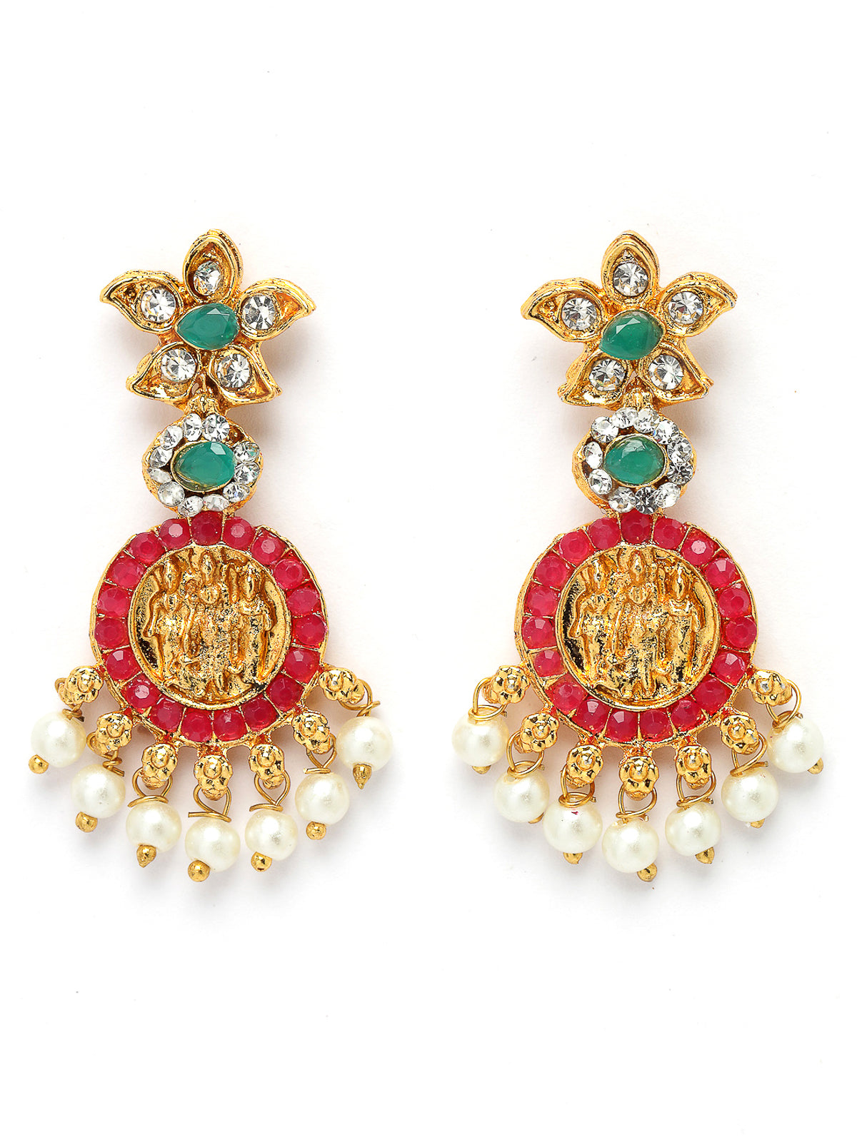 Sukkhi Traditional Temple Gold Plated AD Stones Studded With Pearls Red & Green Collarbone Necklace Set With Dangler Earrings | Jewellery Set For Women And Girls | Latest Design|NS105989