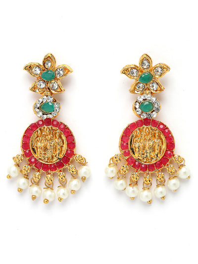 Sukkhi Traditional Temple Gold Plated AD Stones Studded With Pearls Red & Green Collarbone Necklace Set With Dangler Earrings | Jewellery Set For Women And Girls | Latest Design|NS105989