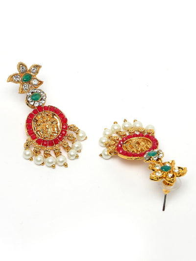 Sukkhi Traditional Temple Gold Plated AD Stones Studded With Pearls Red & Green Collarbone Necklace Set With Dangler Earrings | Jewellery Set For Women And Girls | Latest Design|NS105989