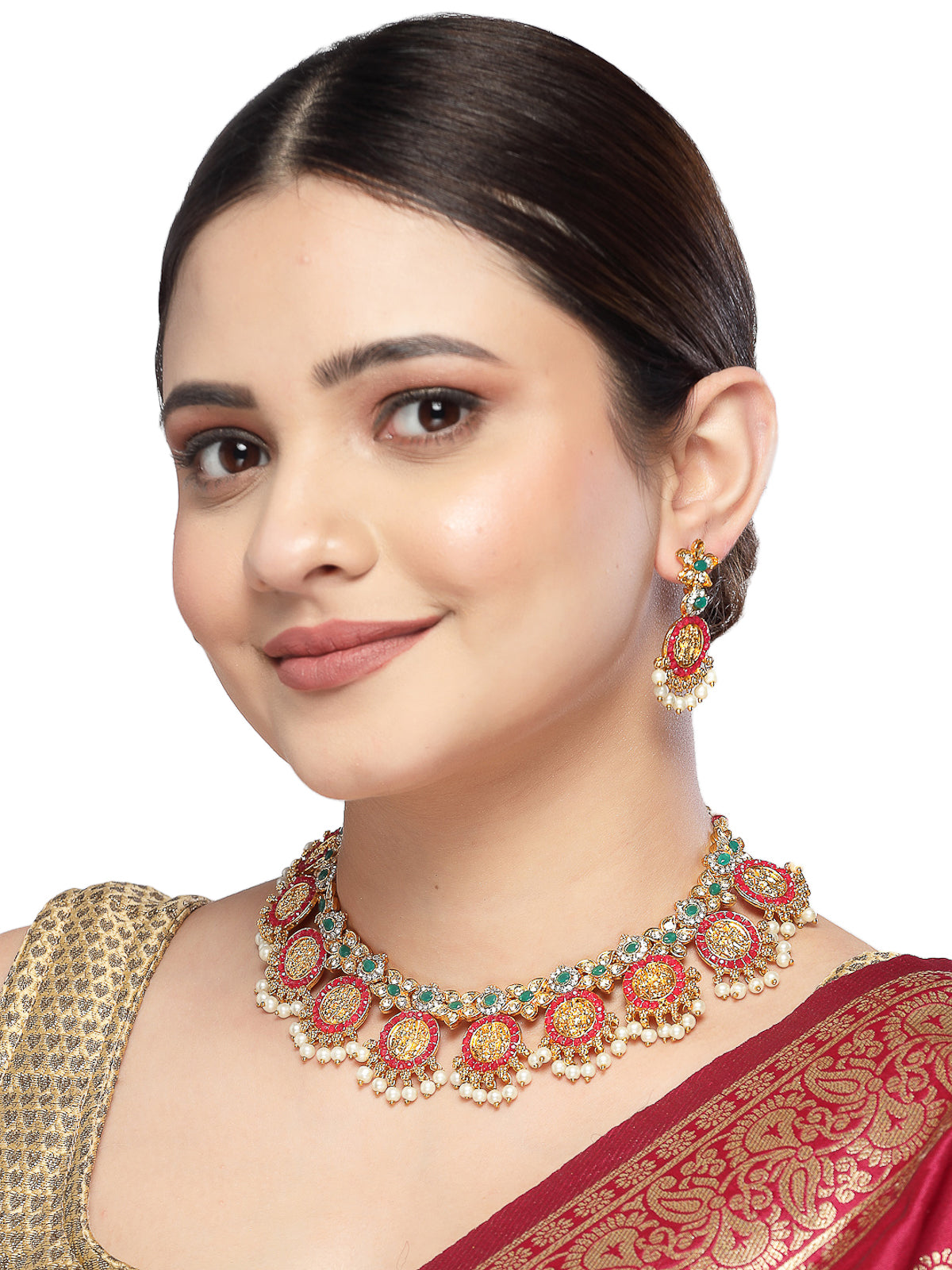 Sukkhi Traditional Temple Gold Plated AD Stones Studded With Pearls Red & Green Collarbone Necklace Set With Dangler Earrings | Jewellery Set For Women And Girls | Latest Design|NS105989