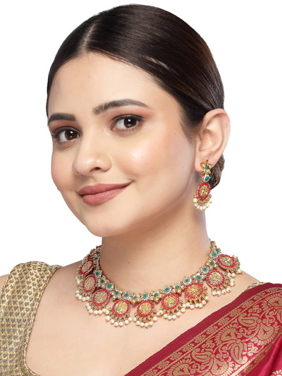 Sukkhi Traditional Temple Gold Plated AD Stones Studded With Pearls Red & Green Collarbone Necklace Set With Dangler Earrings | Jewellery Set For Women And Girls | Latest Design|NS105989