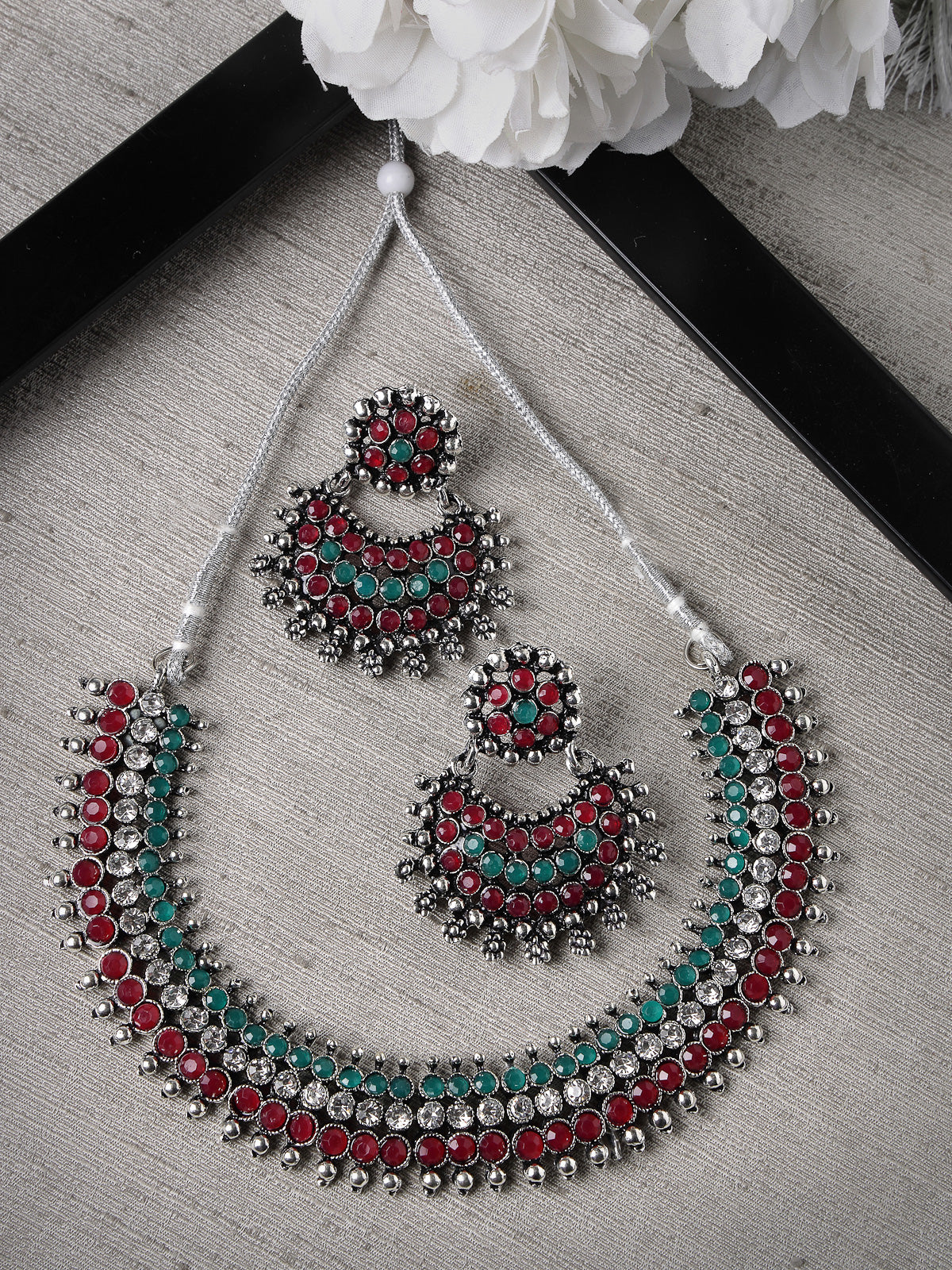 Sukkhi Non Precious Base Metal Silver Oxidised Rhodium Plated Red & Green AD Stones Studded Choker Necklace Set with Chandbali Earrings|Jewellery Set for Women and Girls|Latest Design|NS105990