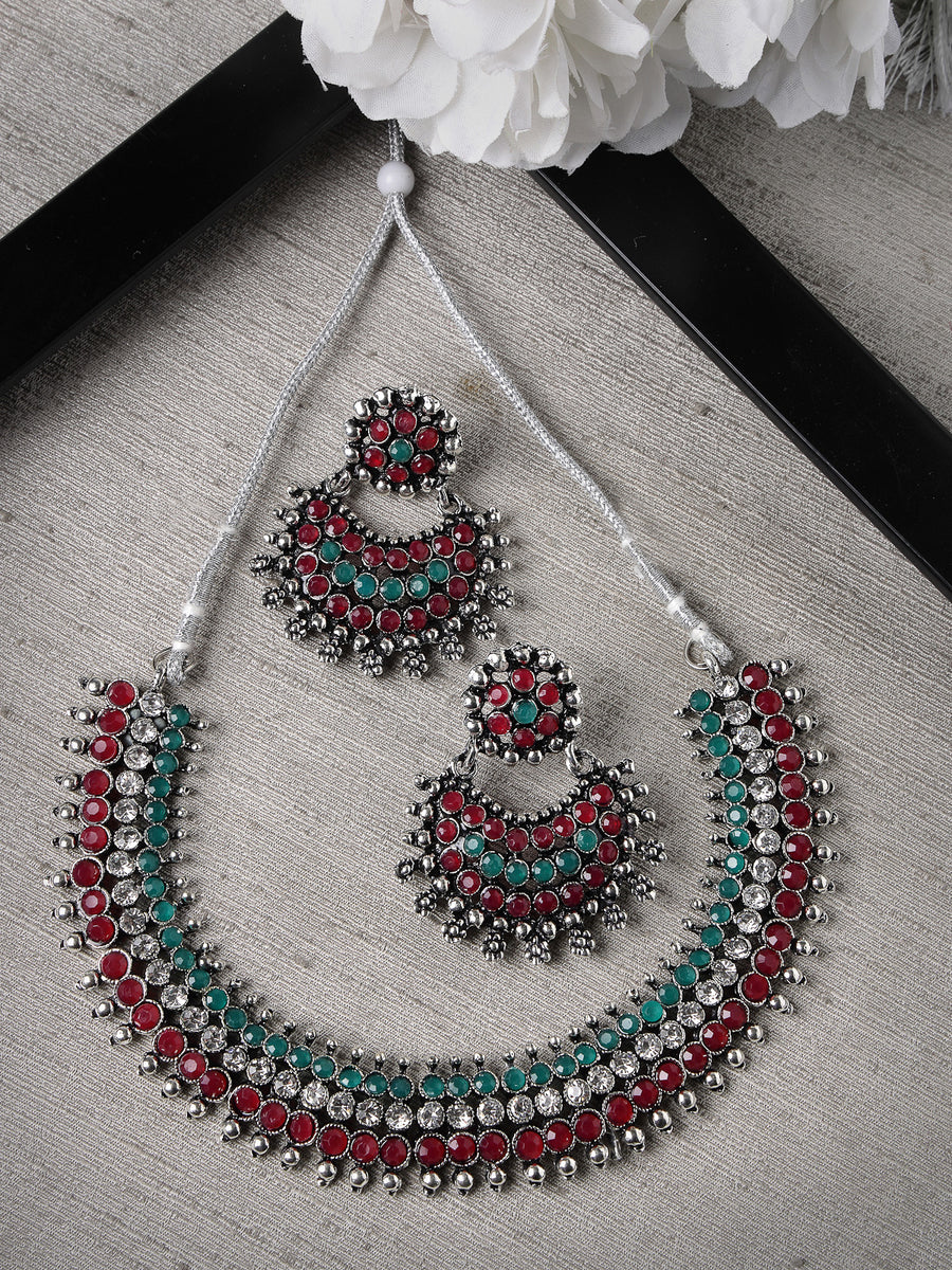 Sukkhi Non Precious Base Metal Silver Oxidised Rhodium Plated Red & Green AD Stones Studded Choker Necklace Set with Chandbali Earrings|Jewellery Set for Women and Girls|Latest Design|NS105990