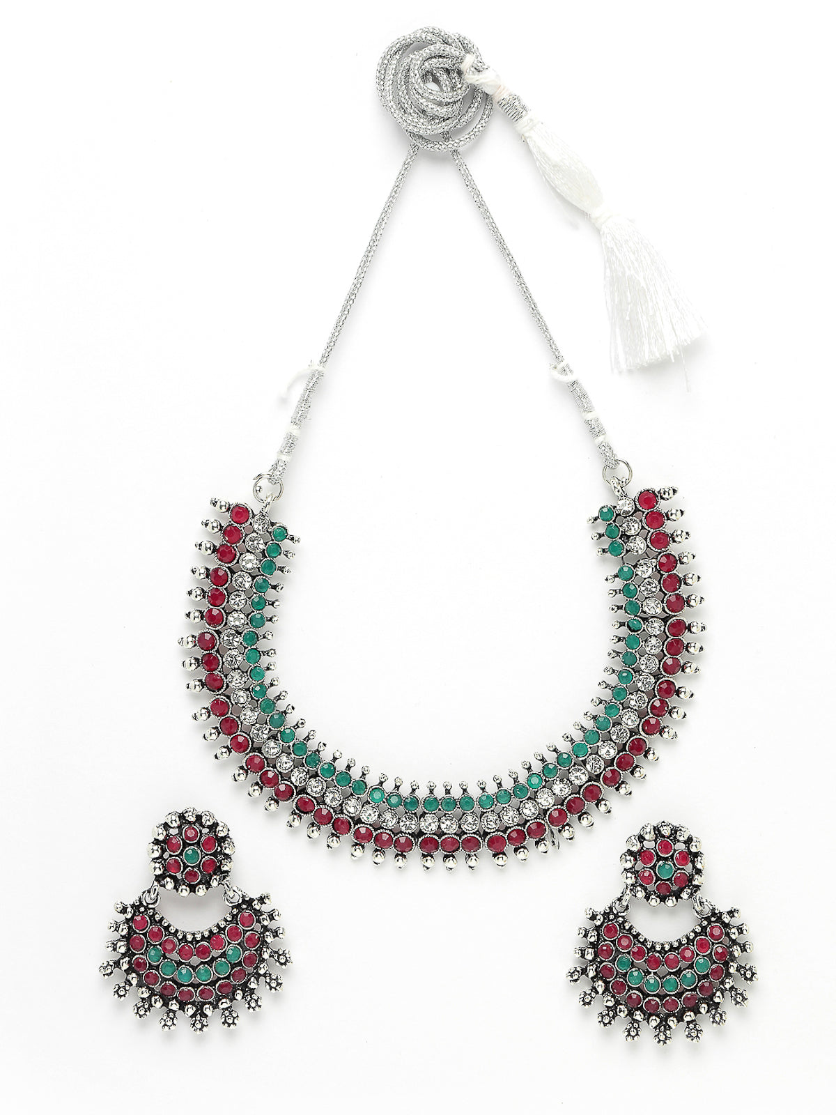 Sukkhi Non Precious Base Metal Silver Oxidised Rhodium Plated Red & Green AD Stones Studded Choker Necklace Set with Chandbali Earrings|Jewellery Set for Women and Girls|Latest Design|NS105990