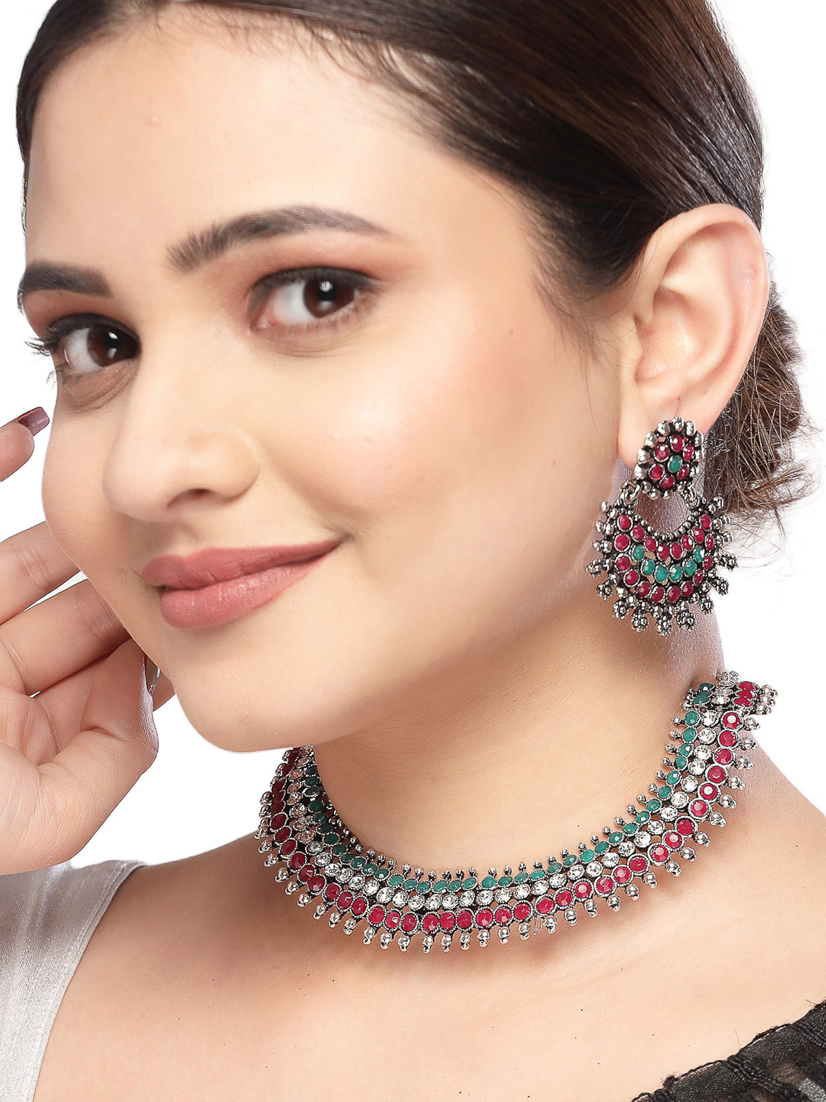 Sukkhi Non Precious Base Metal Silver Oxidised Rhodium Plated Red & Green AD Stones Studded Choker Necklace Set with Chandbali Earrings|Jewellery Set for Women and Girls|Latest Design|NS105990