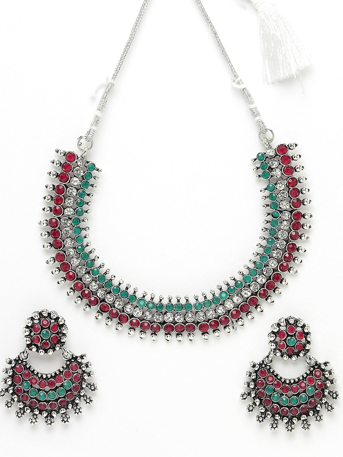 Sukkhi Non Precious Base Metal Silver Oxidised Rhodium Plated Red & Green AD Stones Studded Choker Necklace Set with Chandbali Earrings|Jewellery Set for Women and Girls|Latest Design|NS105990