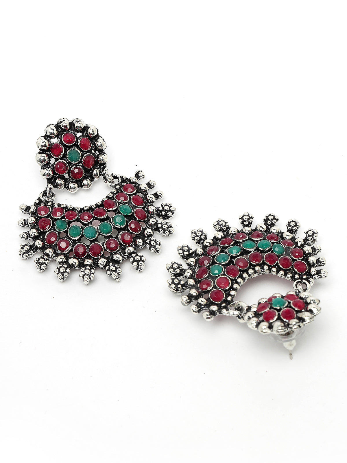 Sukkhi Non Precious Base Metal Silver Oxidised Rhodium Plated Red & Green AD Stones Studded Choker Necklace Set with Chandbali Earrings|Jewellery Set for Women and Girls|Latest Design|NS105990