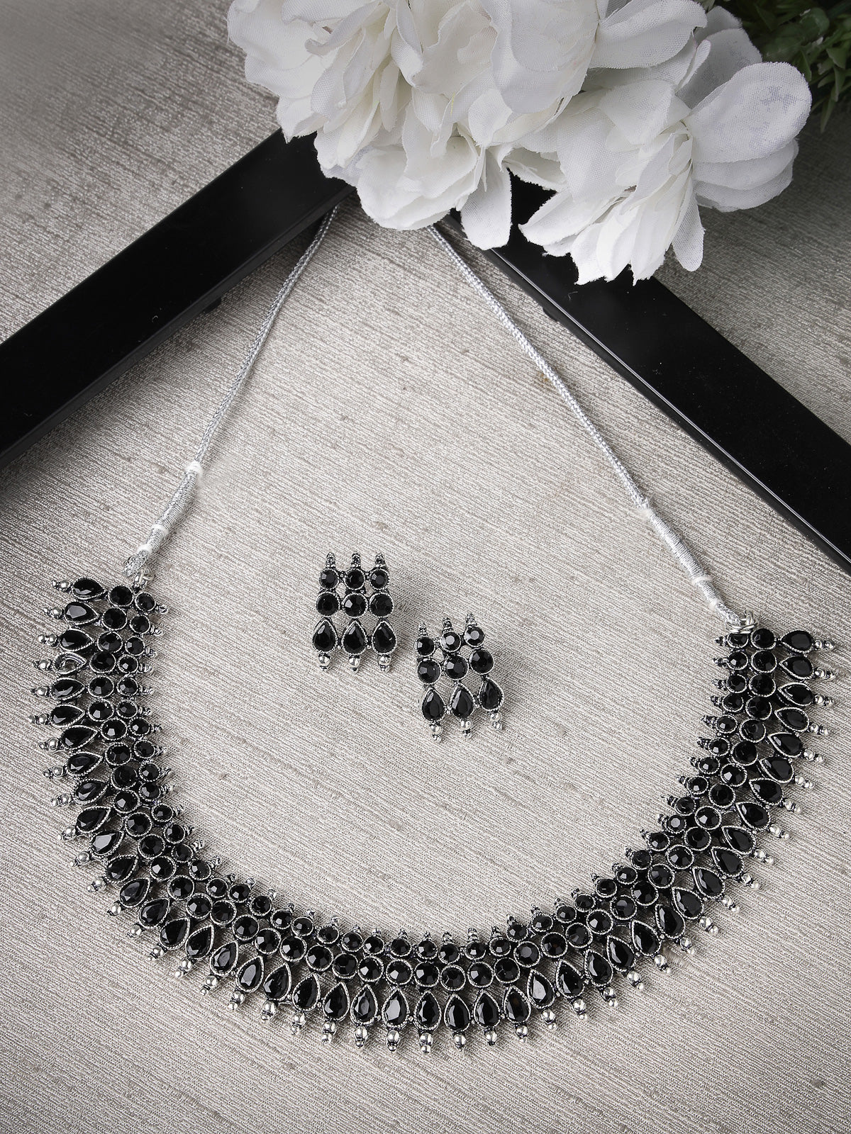 Sukkhi Fashionable Non Precious Base Metal Silver Oxidised Black AD Stones Studded Choker Necklace Set with Studs Earrings|Jewellery Set for Women and Girls|Latest Design|NS105991