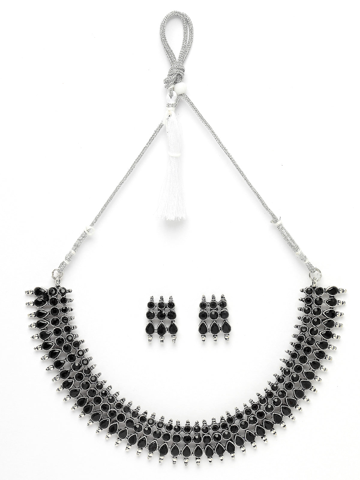 Sukkhi Fashionable Non Precious Base Metal Silver Oxidised Black AD Stones Studded Choker Necklace Set with Studs Earrings|Jewellery Set for Women and Girls|Latest Design|NS105991