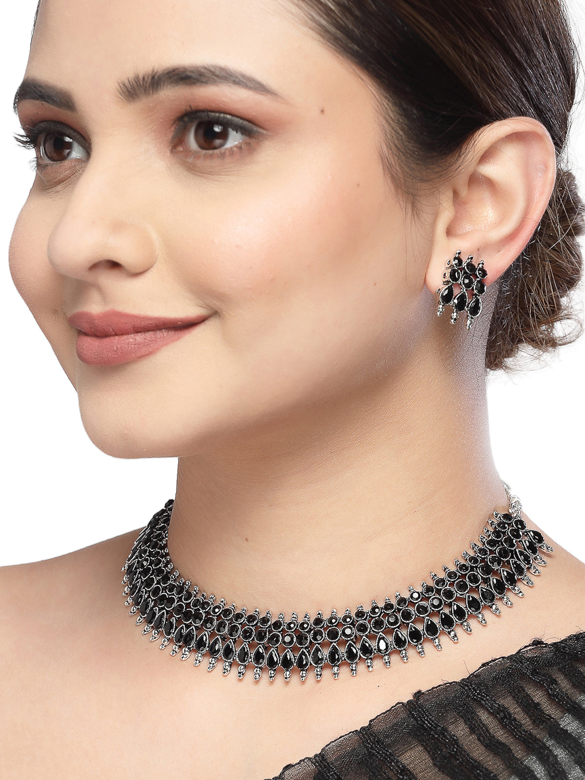 Sukkhi Fashionable Non Precious Base Metal Silver Oxidised Black AD Stones Studded Choker Necklace Set with Studs Earrings|Jewellery Set for Women and Girls|Latest Design|NS105991