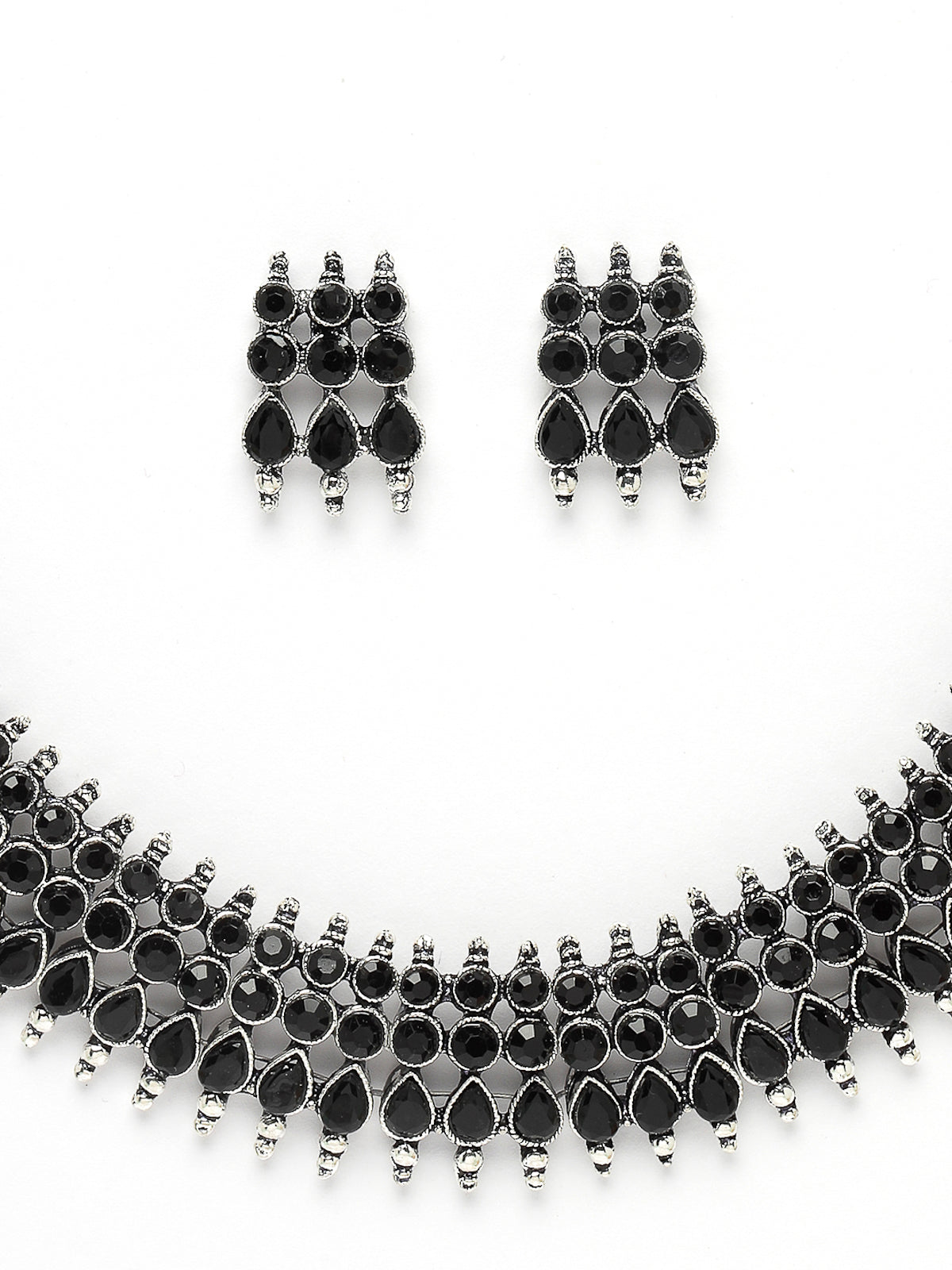 Sukkhi Fashionable Non Precious Base Metal Silver Oxidised Black AD Stones Studded Choker Necklace Set with Studs Earrings|Jewellery Set for Women and Girls|Latest Design|NS105991