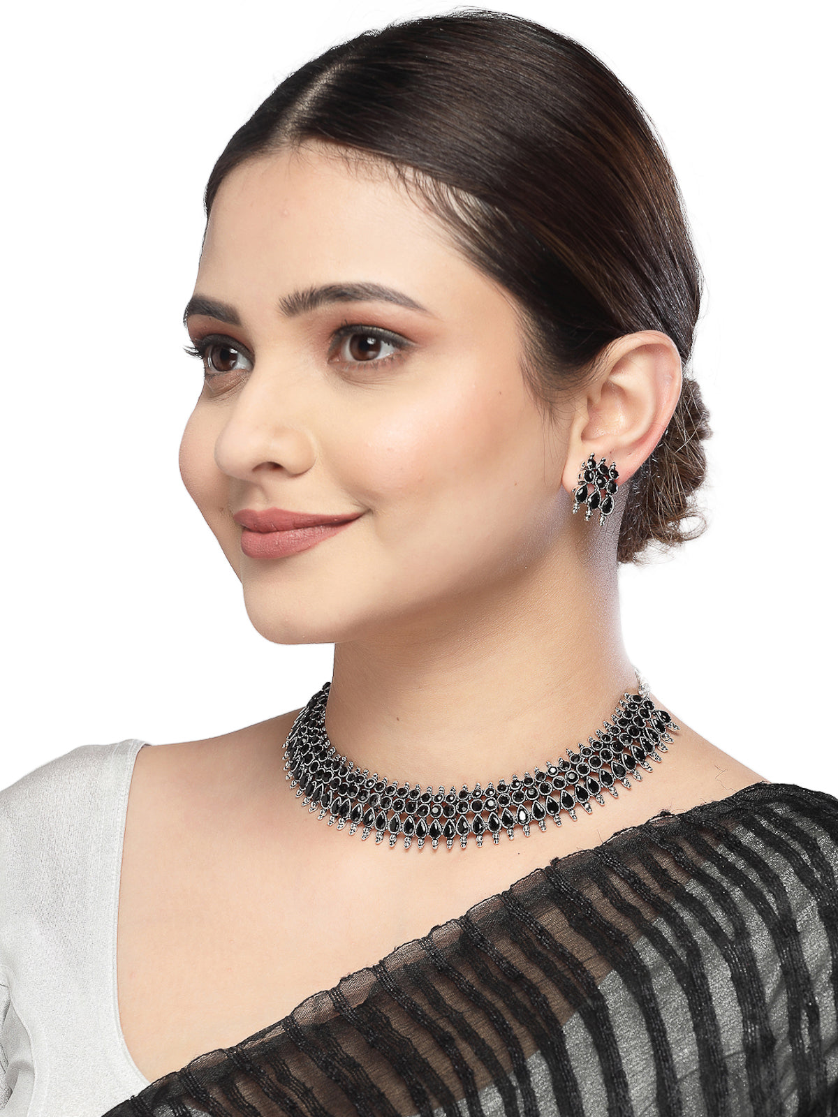 Sukkhi Fashionable Non Precious Base Metal Silver Oxidised Black AD Stones Studded Choker Necklace Set with Studs Earrings|Jewellery Set for Women and Girls|Latest Design|NS105991