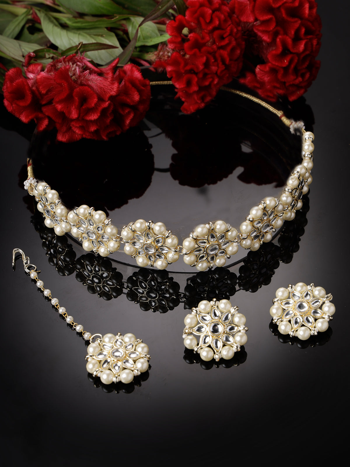 Sukkhi Pretty White Floral Gold Plated White AD Stones with Pearls Studded Choker Necklace Set With Studs Earrings Maangtika| Jewellery Set For Women And Girls|Latest Design|NS105993