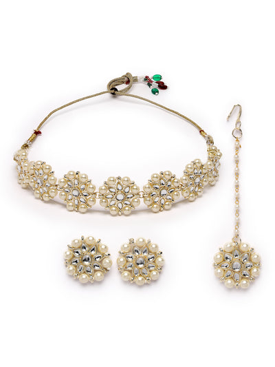 Sukkhi Pretty White Floral Gold Plated White AD Stones with Pearls Studded Choker Necklace Set With Studs Earrings Maangtika| Jewellery Set For Women And Girls|Latest Design|NS105993
