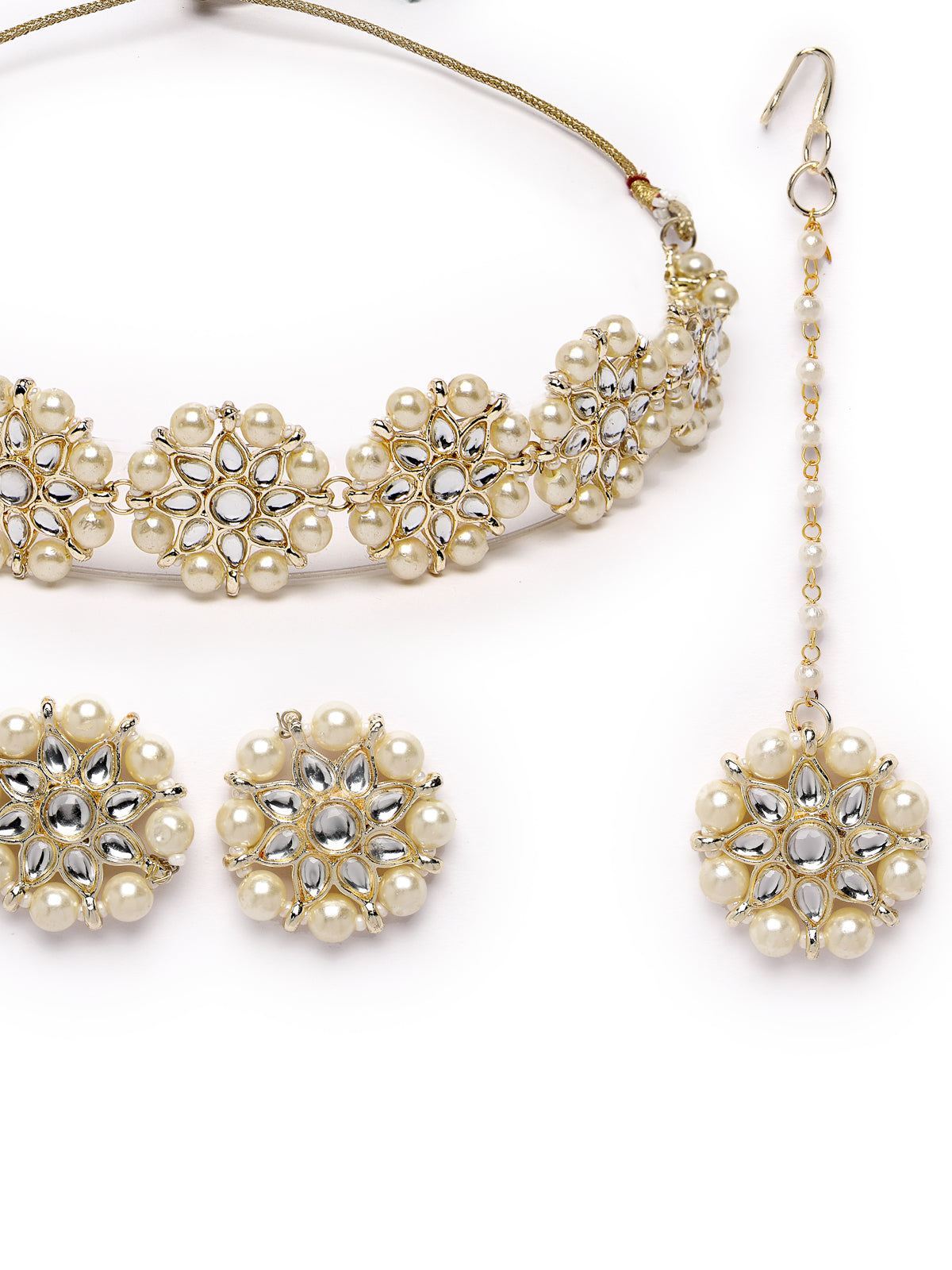 Sukkhi Pretty White Floral Gold Plated White AD Stones with Pearls Studded Choker Necklace Set With Studs Earrings Maangtika| Jewellery Set For Women And Girls|Latest Design|NS105993