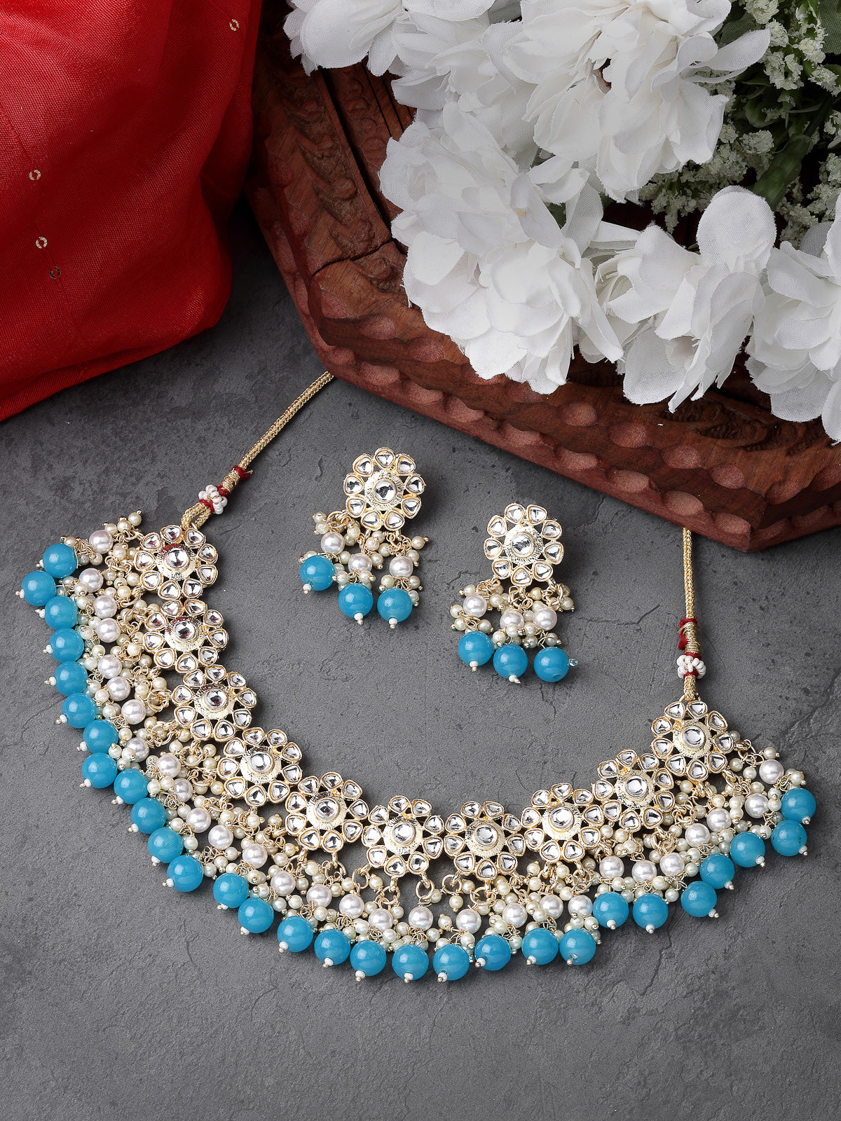 Sukkhi Beautiful Floral Gold Plated White AD Stones with Beads Studded Aqua Blue Collarbone Necklace Set With Dangler Earrings|Jewellery Set For Women And Girls|Latest Design|NS105994